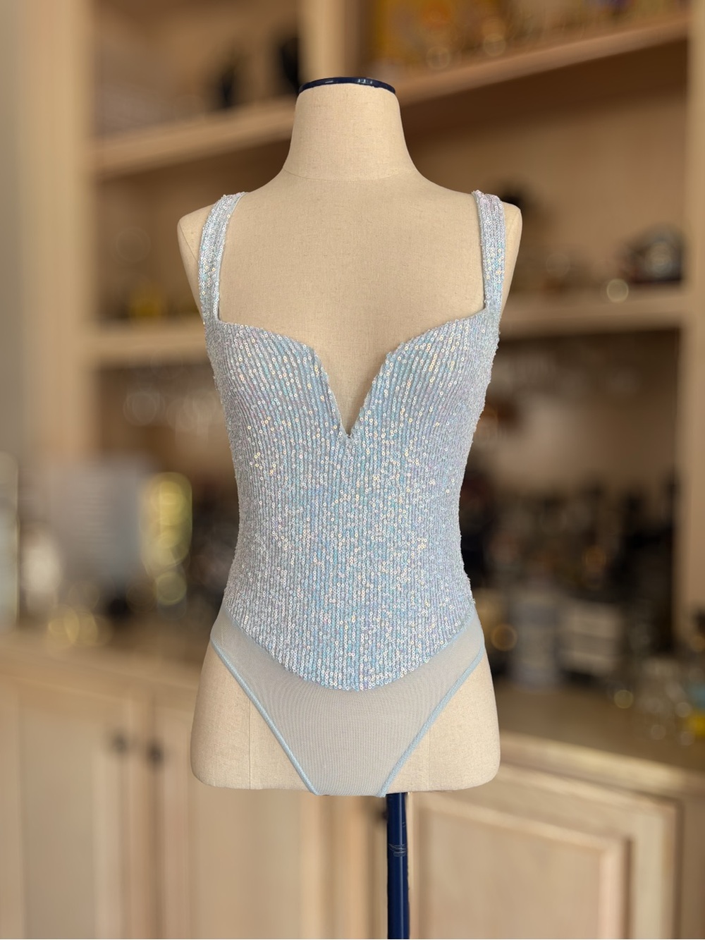 Free People Pale Blue Sequin Plunge Bodysuit